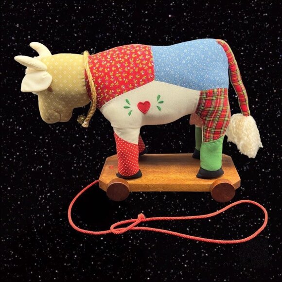 Vintage House of Hatten Pull Cow Figure Polyester And Cotton With Wooden Base - Picture 1 of 15